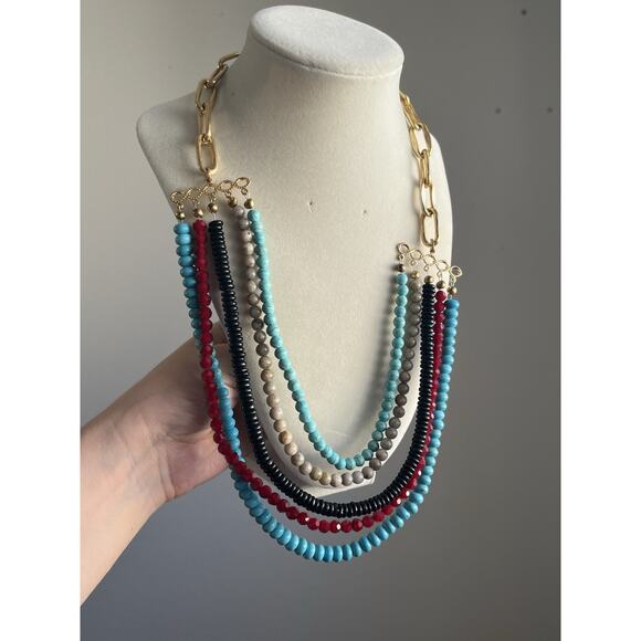K. Amato Five Strand Beaded Necklace Black & Burgundy Blue Howlite Gold Necklace - Picture 1 of 8